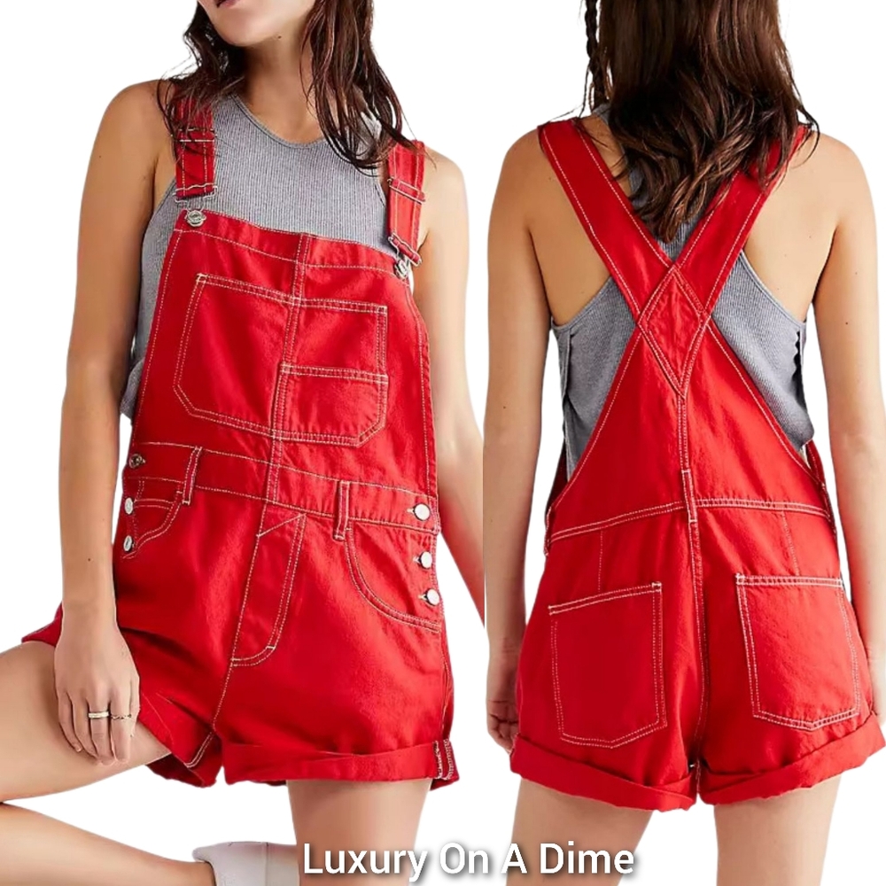 Retro Bib Overalls Patch Chest Pocket Sleeveless Romper Jean Denim Shorts Red